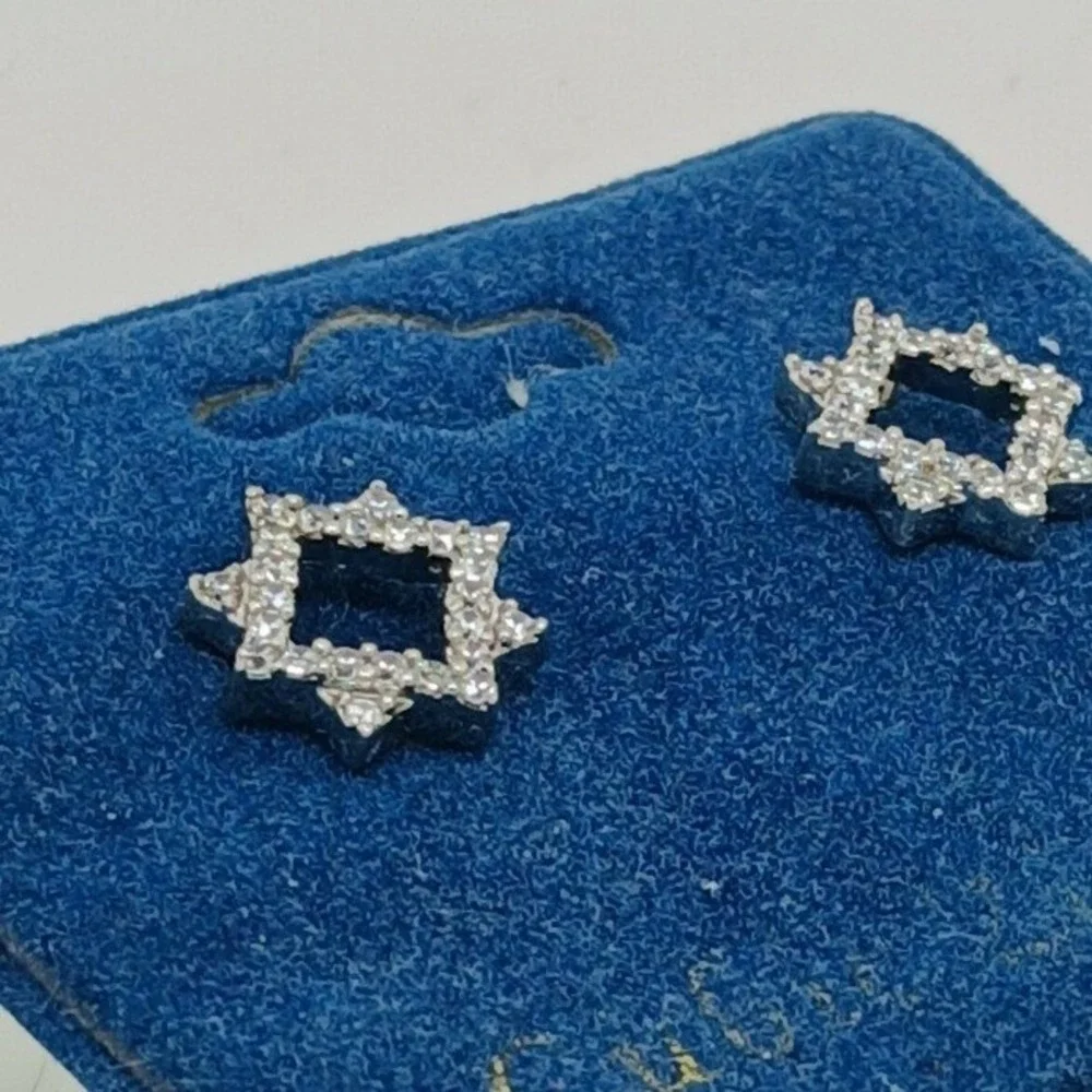 Vintage 1990s Cubic Zirconia Geometric Star Stud Earrings Silver Tone New‎